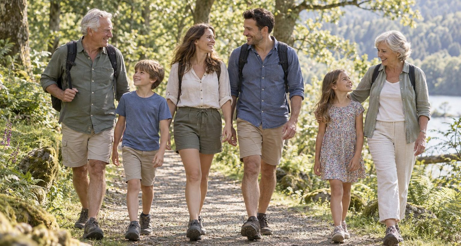 Drei Generationen bei einem Waldspaziergang (KI-generiertes Symbolbild)