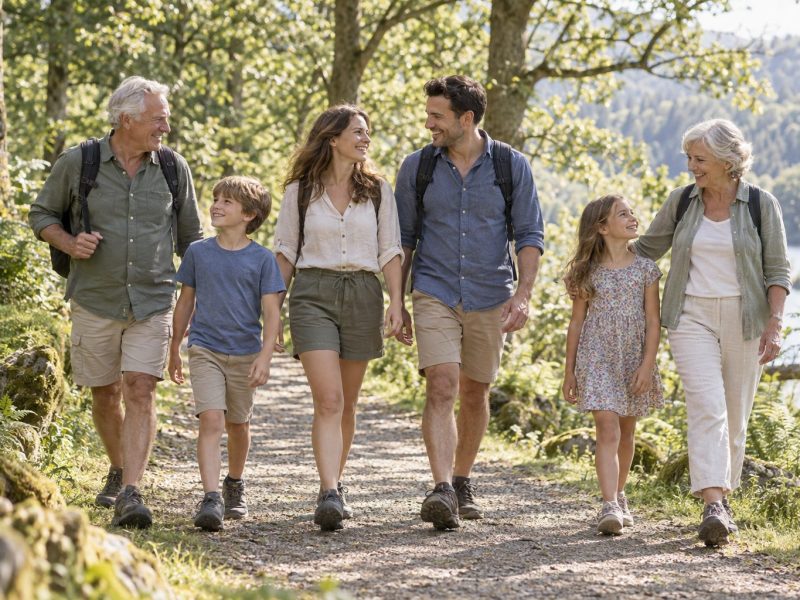 Drei Generationen bei einem Waldspaziergang (KI-generiertes Symbolbild)