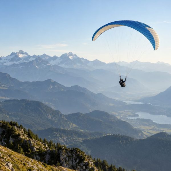 Gleitschirm über einer alpinen Landschaft (KI-generiertes Symbolbild)