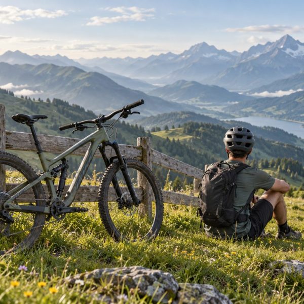 Mountainbike und Radfahrer bei einer Pause in den Bergen (KI-generiertes Symbolbild)