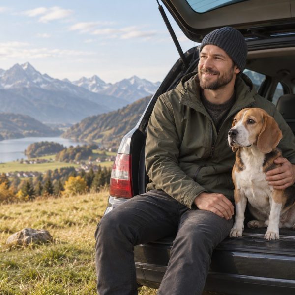 Reisender mit Beagle im geöffneten Kofferraum (KI-generiertes Symbolbild)