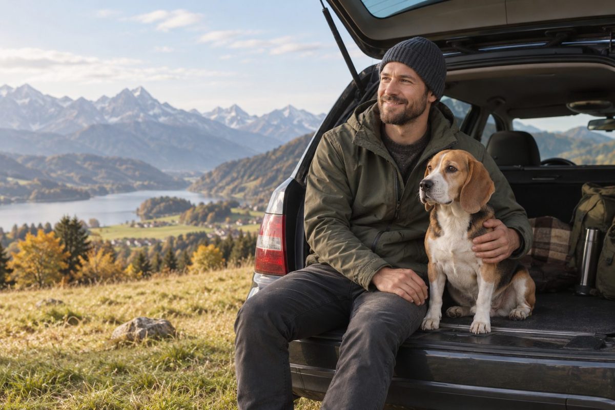 Alleinreisender mit seinem Beagle in einer Berglandschaft (KI-generiertes Symbolbild)