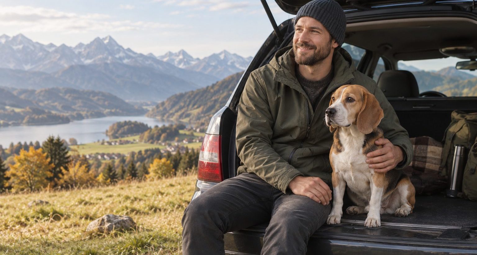 Alleinreisender mit seinem Beagle in einer Berglandschaft (KI-generiertes Symbolbild)